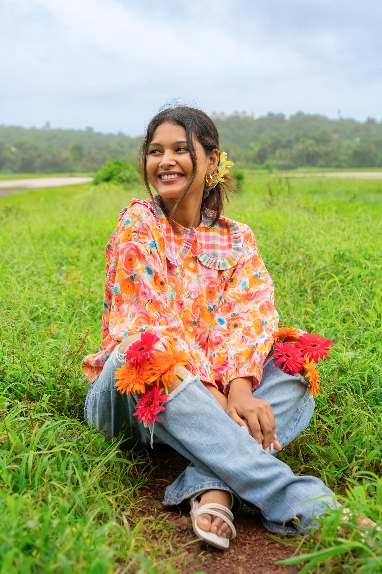 Peach floral print cute top for women