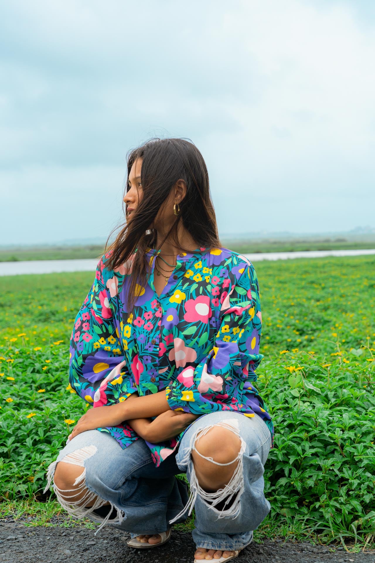 Cotton printed shirt wild wildflowers motif